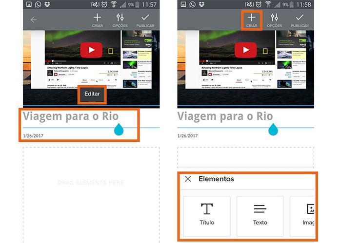 Altere o título e adicione elementos como textos e imagens no post (Foto: Reprodução/Barbara Mannara)