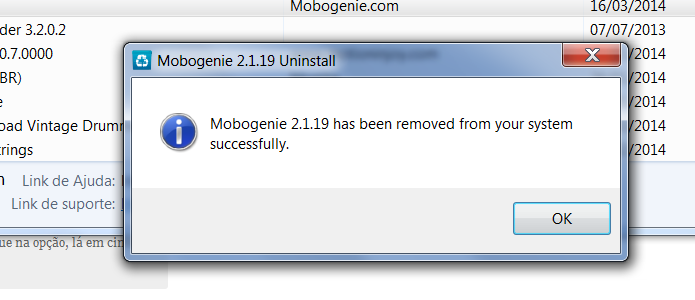 Após o processo, essa janela irá aparecer indicando que o Mobogenie foi removido de sua máquina com êxito