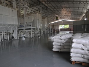 Sacas de arroz em fábrica de Boa Vista; arrozeiros reclamam de área menor para produção (Foto: Rodrigo Menaros/G1)