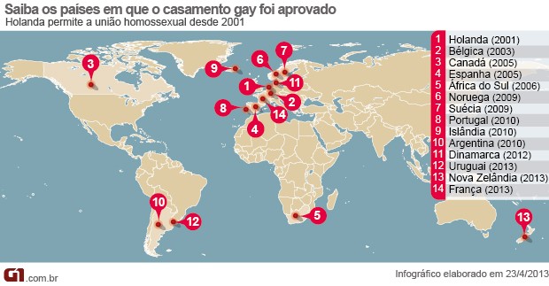 Vale este - mapa países que aprovaram o casamento gay (Foto: Arte/G1)
