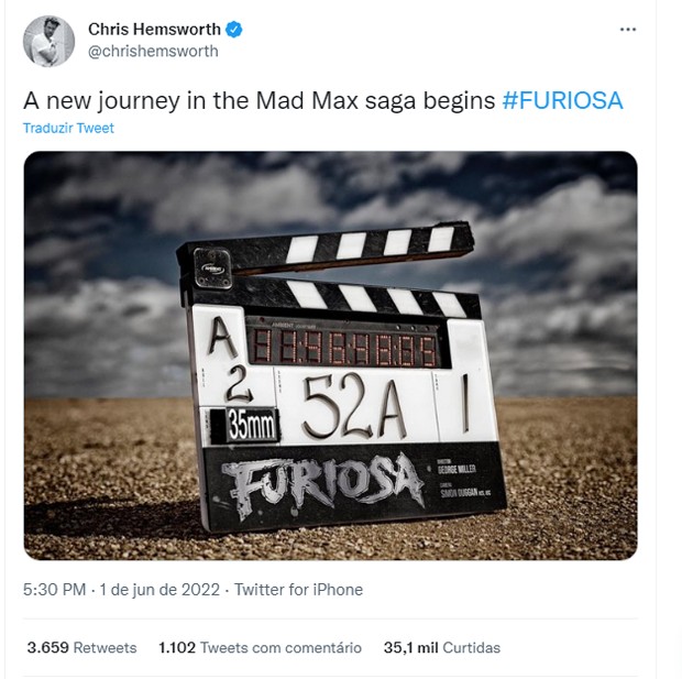 Chris Hemsworth posta foto de início das gravações de Furiosa (Foto: Reprodução/Twitter)