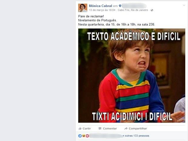 Memes publicados pela professora rendem curtidas e compartilhamentos (Foto: Facebook/Reprodução)