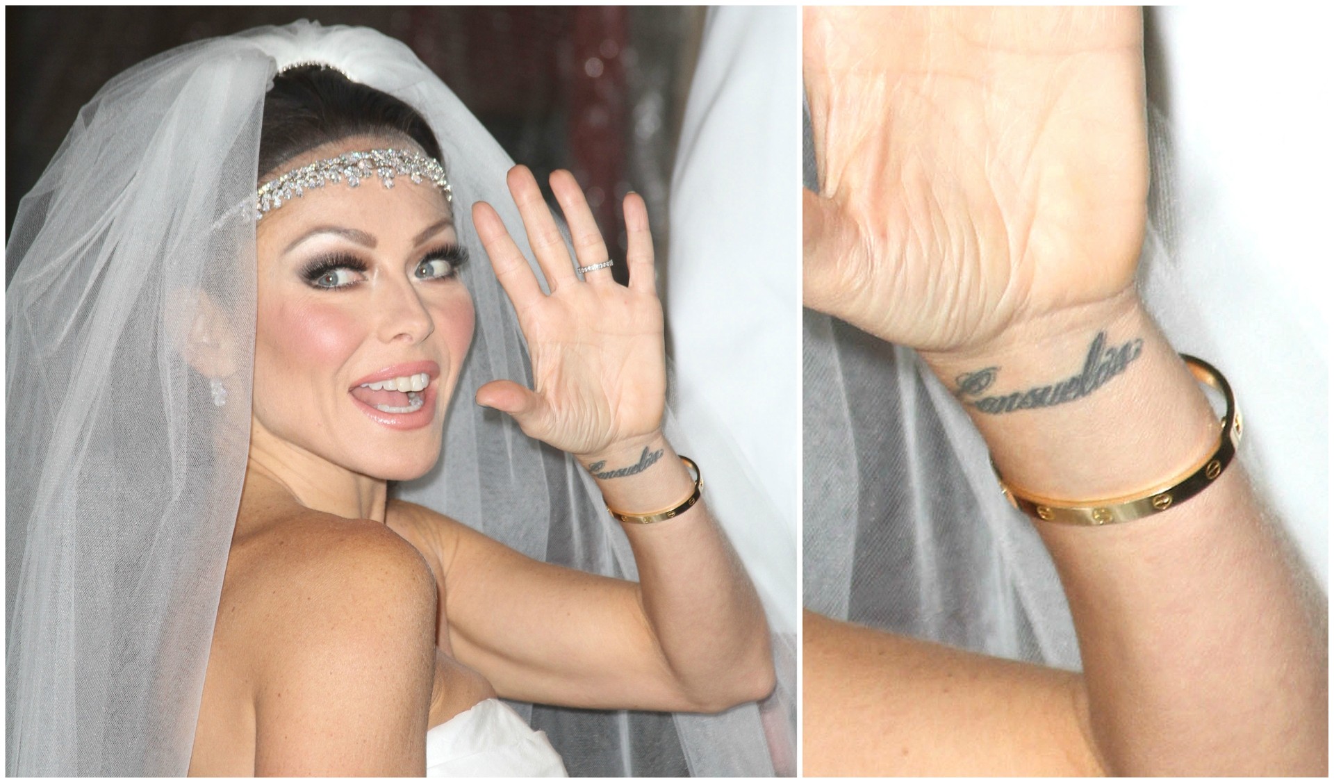 A apresentadora de TV e atriz Kelly Ripa tatuou o sobrenome que ganhou após se casar com o ator Mark Consuelo, em 1996. (Foto: Getty Images)