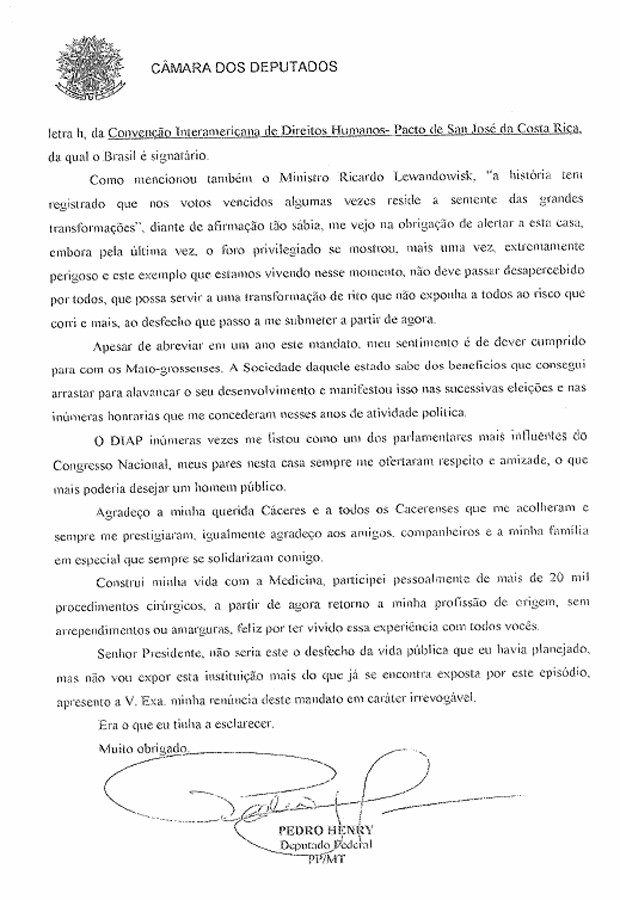 Reprodução da carta de renúncia do deputado Pedro Henry (Foto: Reprodução)