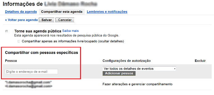 Inserindo o contato que deseja compartilhar a agenda do Google (Foto: Reprodução/Lívia Dâmaso)