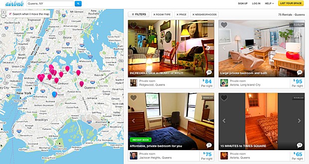 Pesquisa típica de anúncios de quartos para alugar feita no site Airbnb; neste caso, busca é no Queens, em NY (Foto: Airbnb/AP)