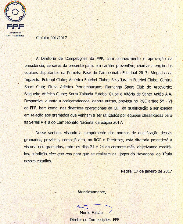 Circular emitida pela FPF sobre vistoria nos gramados (Foto: Reprodução / FPF) Circular emitida pela FPF sobre vistoria nos gramados (Foto: Reprodução / FPF)