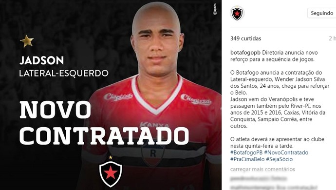 Botafogo-PB anunciou nesta quarta-feira a contratação de Jadson (Foto: Divulgação / Botafogo-PB) Botafogo-PB anunciou nesta quarta-feira a contratação de Jadson (Foto: Divulgação / Botafogo-PB)