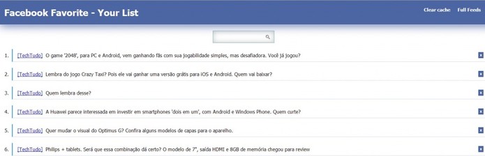 Lista dos posts armazenados no Facebook Favorite (Foto: Reprodução/ Marcela Vaz)