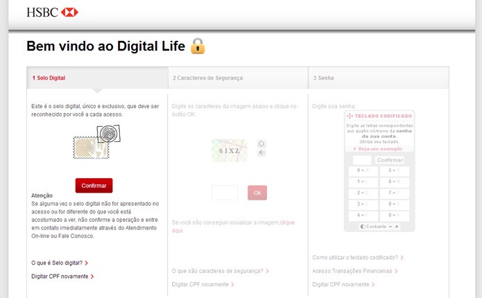 No HSBC o cliente precisa reconhecer o número do selo de segurança para ter acesso aos teclados codificados e virtual do banco (Foto: Reprodução/Karla Soares)