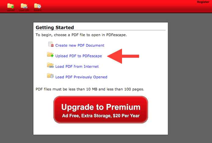 Escolhendo a opção de upload de arquivos PDF do PDFescape (Foto: Reprodução/Marvin Costa)