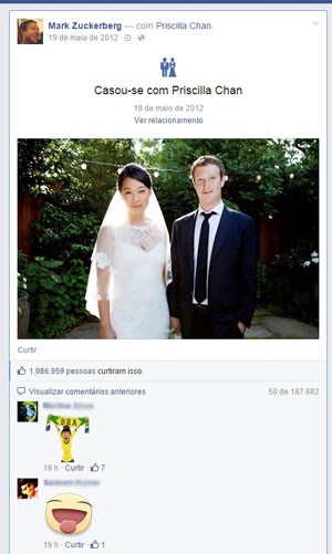 Brasileiros bombardeiam perfil de Mark Zuckerberg no Facebook com memes e imagens que remetem ao Brasil; nem anúncio do casamento escapou.  (Foto: Reprodução/Facebook)