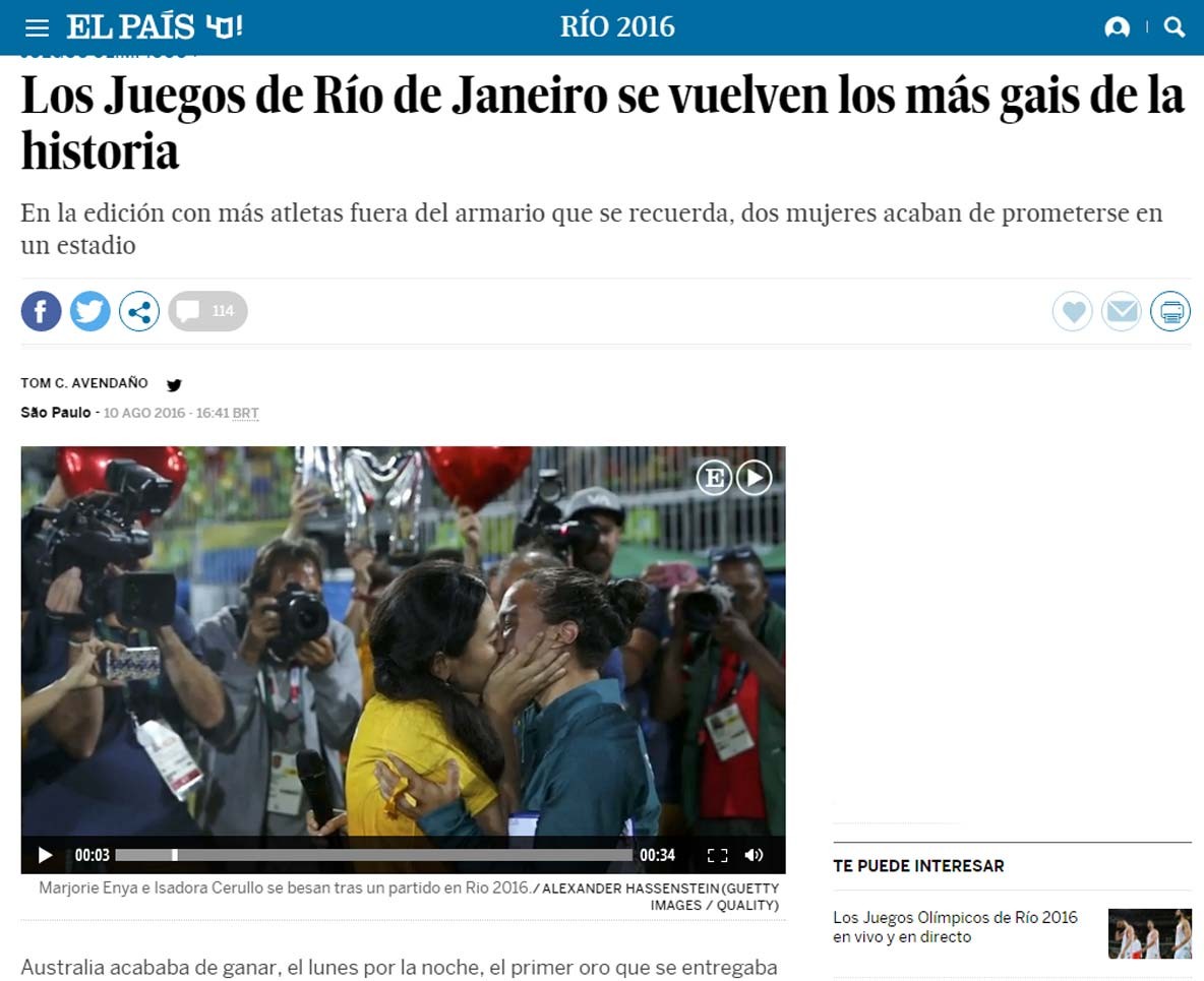 O jornal espanhol El País comenta o recorde de gays assumidos na Olimpíada do Rio e contrasta com a homofobia no país