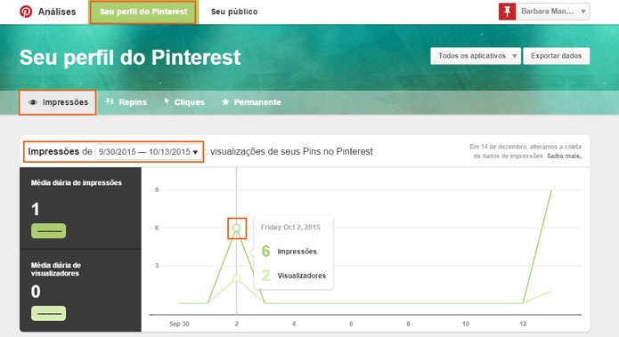 Confira as análises de impressões do seu perfil do Pinterest (Foto: Reprodução/Barbara Mannara)