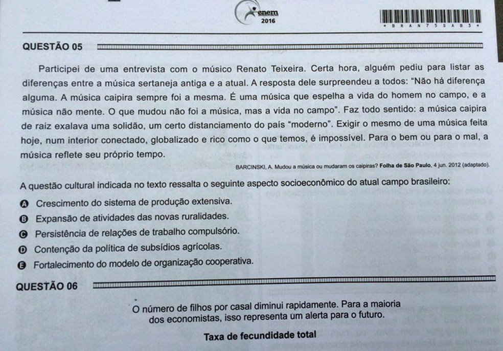 ENEM 2016 - 1º DIA - PROVA BRANCA - QUESTÃO 05 (Foto: G1)