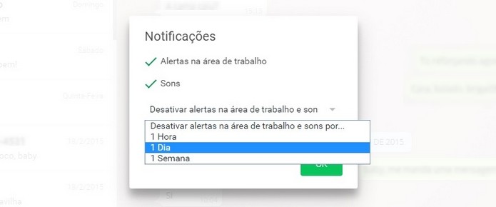 Caixa Desativar alertas na área de trabalho e sons por..., do WhatsApp Web, aberta (Foto: Reprodução/ Raquel Freire)