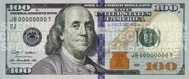 A nova nota de US$ 100, que começa a circular nesta terça-feira (8) (Foto: The New York Times/Federal Reserve/Cortesia)