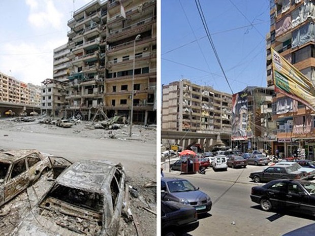 Fotos mostram o Líbano no dia 18 de julho de 2006 e reconstrução no sul do país em 2007 (Foto: Reuters) Fotos mostram o Líbano no dia 18 de julho de 2006 e reconstrução no sul do país em 2007 (Foto: Reuters)