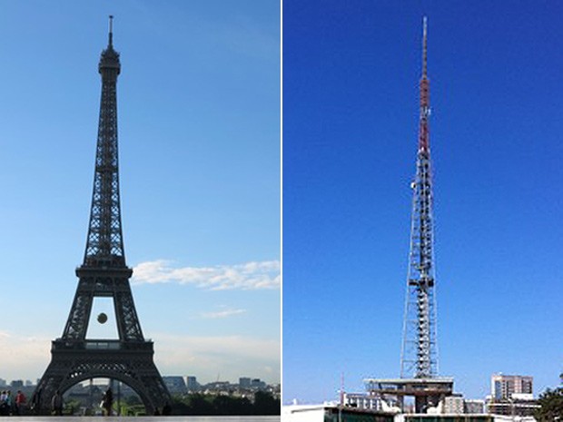 A Torre Eiffel (esquerda) e a Torre de TV de Brasília; contador francês Mathias Fancozer vê semelhanças entre as capitais brasileira e francesa (Foto: Ludovic Marin/AFP e G1)