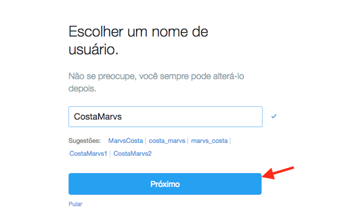 Definindo um nome de usuário para uma nova conta do Twitter criada a partir do computador (Foto: Reprodução/Marvin Costa) (Foto: Definindo um nome de usuário para uma nova conta do Twitter criada a partir do computador (Foto: Reprodução/Marvin Costa)) Definindo um nome de usuário para uma nova conta do Twitter criada a partir do computador (Foto: Reprodução/Marvin Costa) (Foto: Definindo um nome de usuário para uma nova conta do Twitter criada a partir do computador (Foto: Reprodução/Marvin Costa))