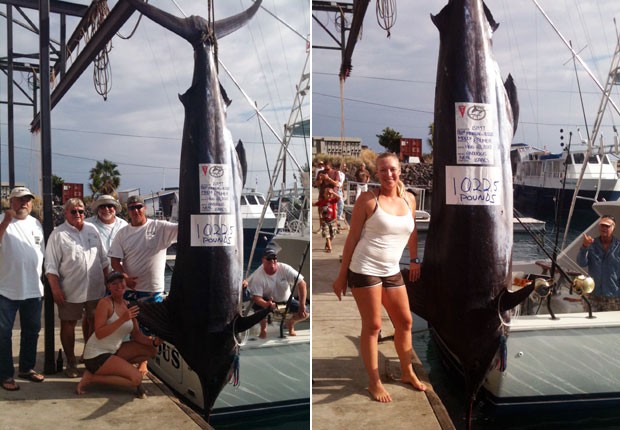 Molly Palmer, de 28 anos, fisgou marlin de 5,5 metros de comprimento e 464 quilos. (Foto: Jody Bright/AP)