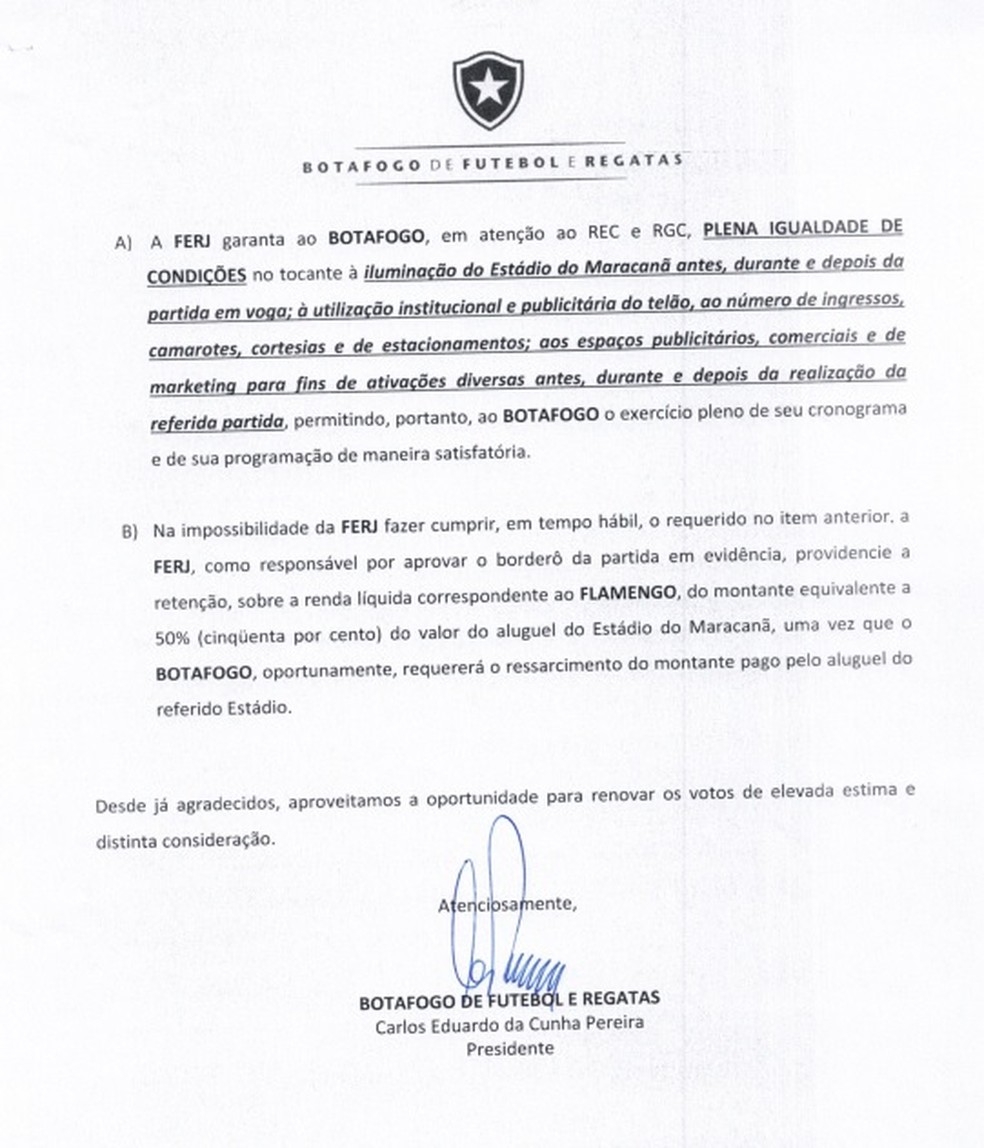 Dovumento assinado pelo presidente alvinegro solicita retenção da renda (Foto: Divulgação / Botafogo)