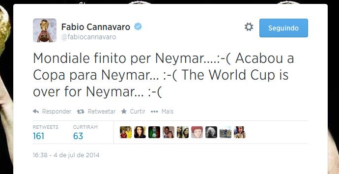 Fabio Cannavaro lamenta a lesão de Neymar nas redes sociais (Foto: Reprodução/Twitter)