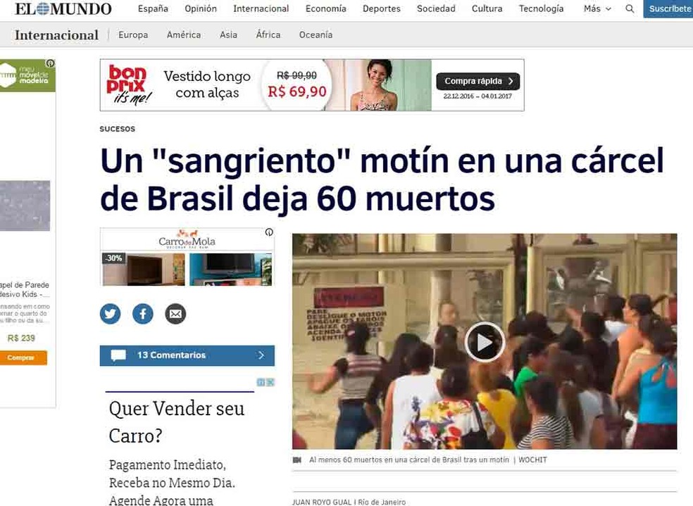 Jornal espanhol 'El Mundo' noticiou o motim que deixou 56 mortos em uma prisão de Manaus (Foto: Reprodução/elmundo.es)