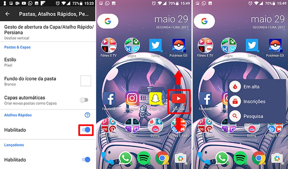 Action Launcher 3 tem suporte a atalhos rápidos em aplicativos como o Google Pixel (Foto: Reprodução/Elson de Souza)
