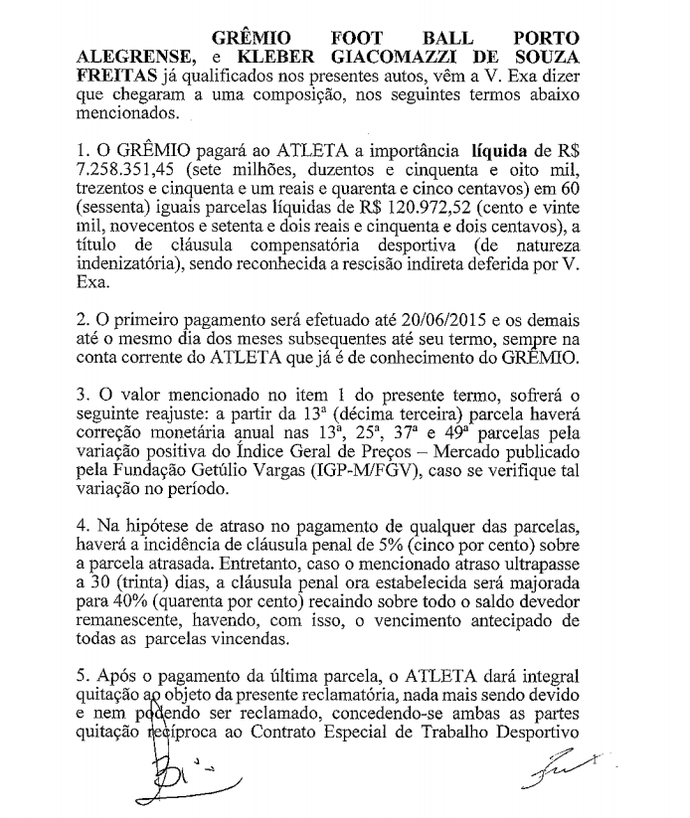 acordo Kleber Grêmio na Justiça (Foto: Reprodução) acordo Kleber Grêmio na Justiça (Foto: Reprodução)