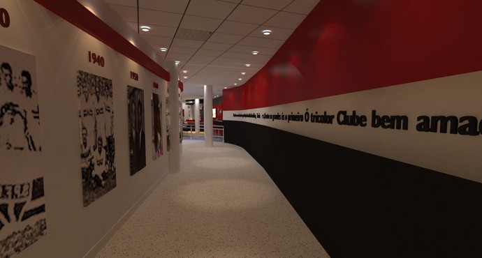 Imagem mostra como ficará o corredor onde ficarão localizados os vestiários e as salas de imprensa (Foto: GloboEsporte.com)