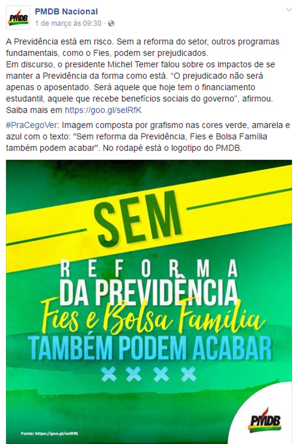 Publicação do PMDB Nacional afirma que, sem a aprovação da reforma da Previdência, programas sociais podem acabar (Foto: Reprodução/Facebook)