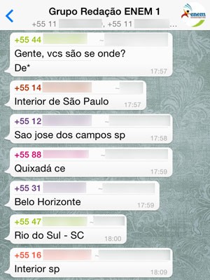 Candidatos de todo o Brasil se ajudam mutuamente, mesmo sem nunca terem se visto antes (Foto: Reprodução/WhatsApp/Grupo Redação Enem 1)