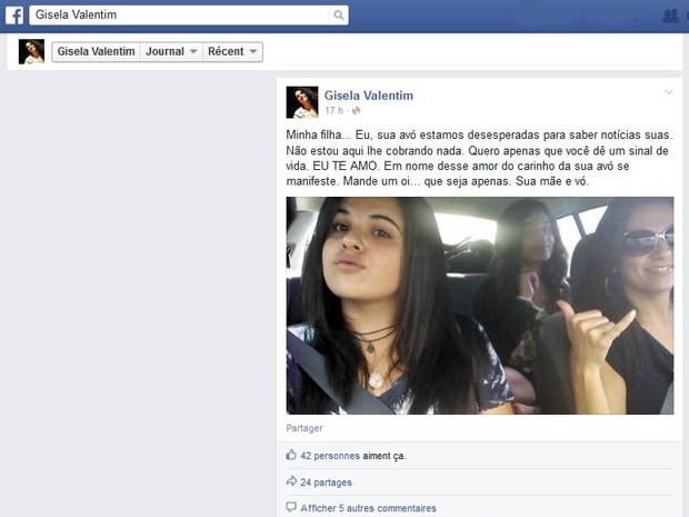 Em publicação na web, Gisela Valentim pede que filha dê notícias (Foto: Facebook/Reprodução) Em publicação na web, Gisela Valentim pede que filha dê notícias (Foto: Facebook/Reprodução)