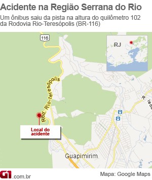Mapa da região do acidente com ônibus na Rio-Teresópolis (BR-116) (Foto: Editoria de Arte / G1)
