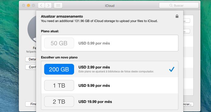 Caso necessário, o iCloud oferecerá opção de upgrade (Foto: Reprodução/Felipe Vinha)