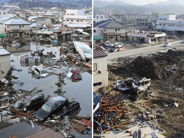 Bairro de Kesennuma estava alagado após o tsunami ocorrido em março (Foto: AP)
