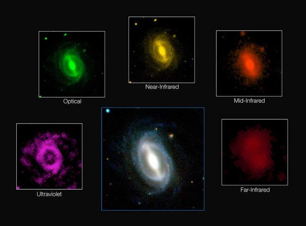 Composição de imagens mostra como uma galáxia típica aparece a diferentes comprimentos de onda no rastreio GAMA (Foto: ICRAR/GAMA and ESO)
