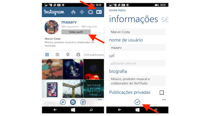 Visualizando o perfil e a tela de edição de informações pessoais do Instagram Beta para Windows Phone (Foto: Reprodução/Marvin Costa)