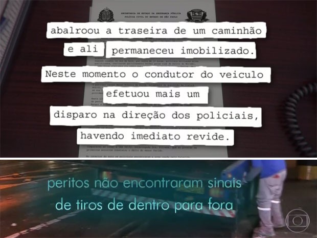 Discrepância entre o boletim de ocorrência e a perícia (Foto: TV Globo/Reprodução) Discrepância entre o boletim de ocorrência e a perícia (Foto: TV Globo/Reprodução)