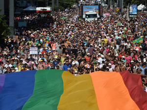 Público ergue bandeira do Orgulho LGBT. (Foto: Nelson Almeida/AFP Photo)