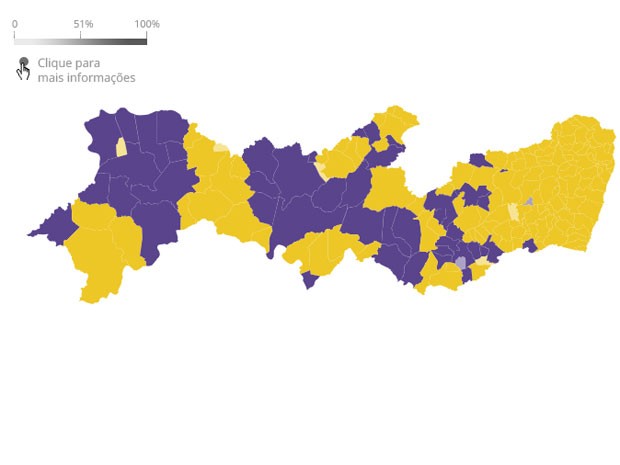 Mapa mostra em roxo municípios onde Armando Monteiro venceu e em amarelo os de Paulo Câmara (Foto: Reprodução/G1)