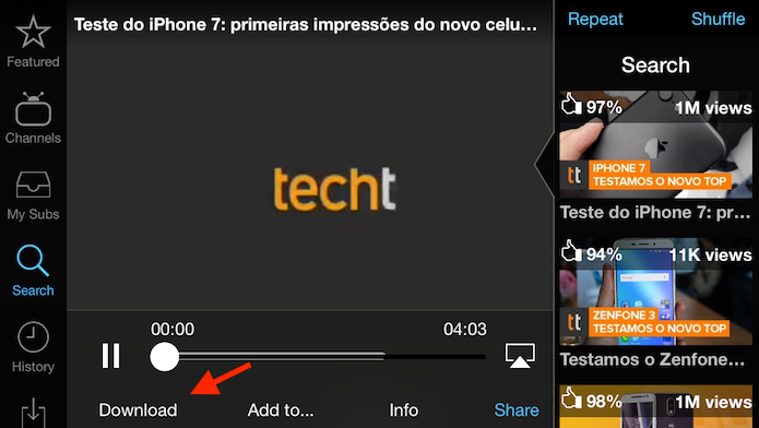 Opção para baixar um vídeo para o iPhone no Tube for YouTube (Foto: Reprodução/Marvin Costa)