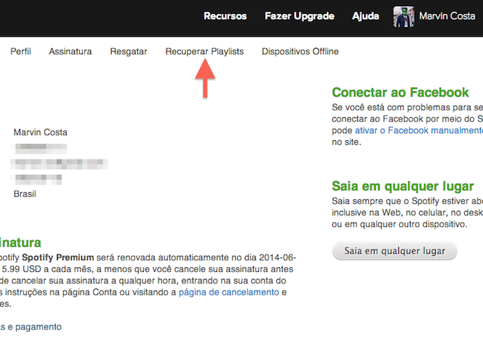 Acessando a página de recuperação de playlists (Foto: Reprodução/Marvin Costa)