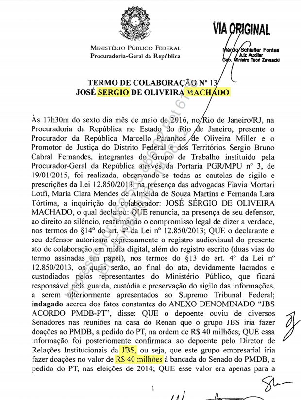 Trecho da delação de Sérgio Machado cita repasse de R$ 40 milhões da JBS para a bancada do Senado do PMDB, a pedido do PT, nas eleições de 2014 (Foto: Reprodução)
