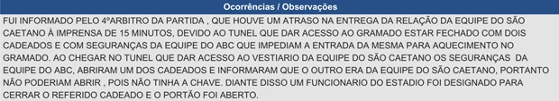 Árbitro relata portão trancado na súmula de ABC x São Caetano (Foto: Reprodução/CBF)