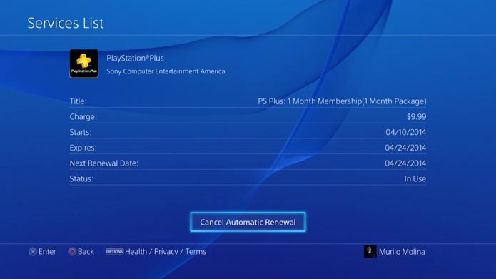PSN: como cancelar a renovação automática da PSN Plus no Playstation 4 (Foto: Reprodução/Murilo Molina)