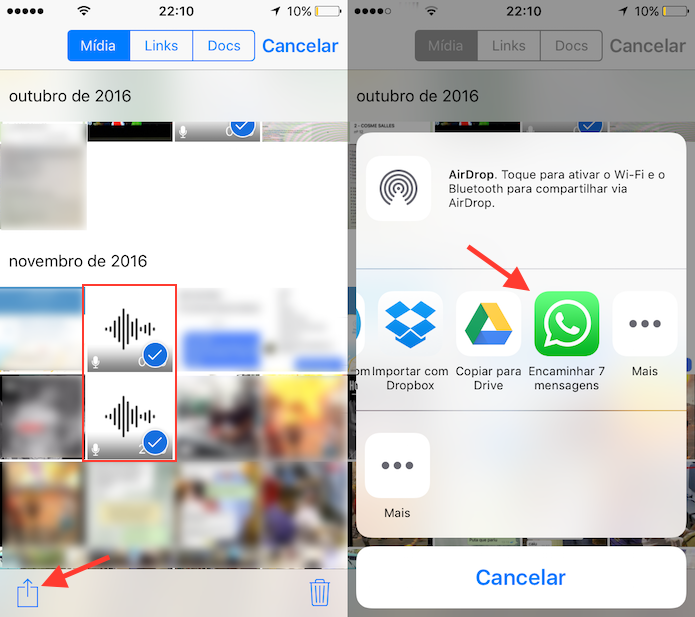 Caminho para encaminhar de um só vez vários áudio no WhatsApp para iPhone (Foto: Reprodução/Marvin Costa)