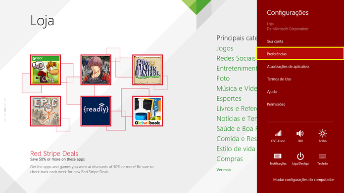 Escolha a opção Preferências para fazer os últimos ajustes na Windows Store (Foto: Reprodução/Elson de Souza)