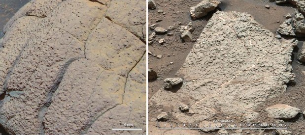 A foto mostra duas rochas analisadas pela Nasa em Marte: à esquerda, pelo robô Opportunity, em 2004, e à direita, pelo Curiosity, em 2013 (Foto: NASA/JPL-Caltech/Cornell/MSSS)